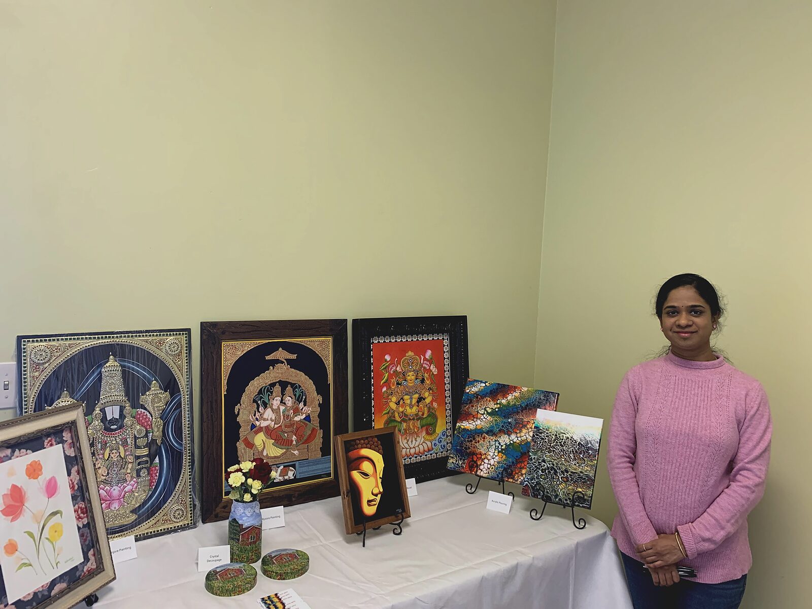 Studio display of multiple finished paintings